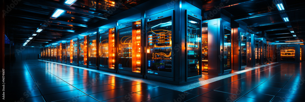 Poster vibrant data center network hub: high-performance servers and technology infrastructure illuminated 