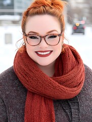 Happy Woman Wearing Red Scarf and Glasses in Winter