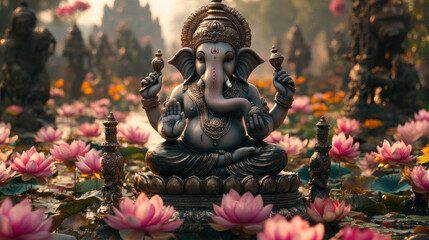 Ganesha idols seated on lotus flowers or thrones, emphasizing his divine and regal nature.