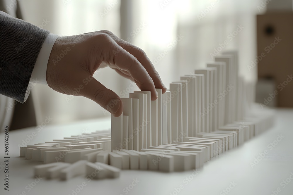 Aufkleber hand adjusting white block graph on a table