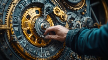 A close up of a hand turning a gear on a large intricate steampunk clock.