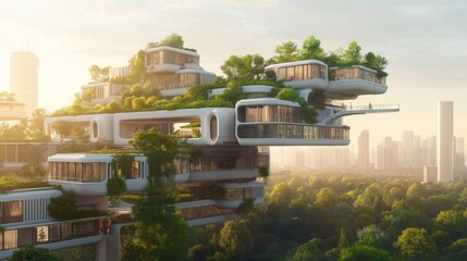 Futuristic cityscape with green architecture and organic building design.