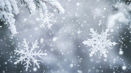 Snowflakes falling gently against a gray winter sky, symbolizing peace and tranquility.