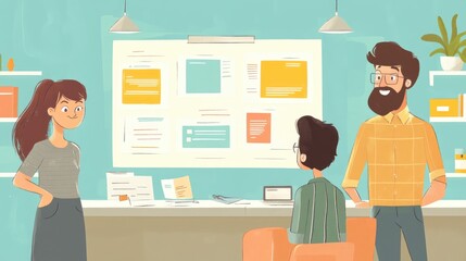 Team brainstorming with real-time updates, flat design, side view, innovative tech theme, cartoon drawing, colored paste