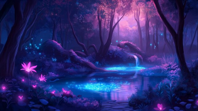 Enchanted forest scene with glowing flowers and serene river at twilight.
