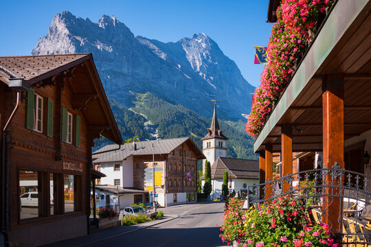 View of the village and valley of Grindelwald in Switzerland