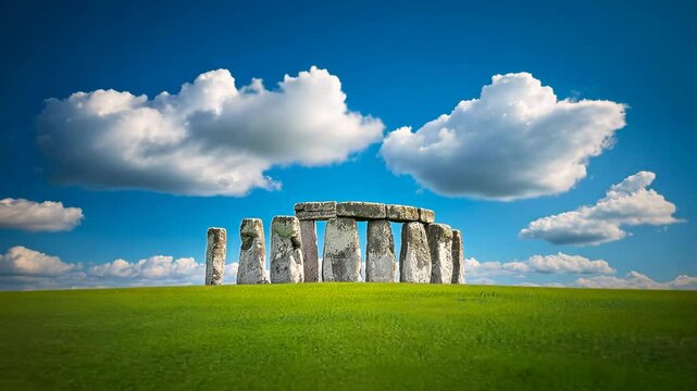 Ancient Stonehenge monument on green grass field under blue sky with fluffy white clouds. Historic stone circle in England. Mysterious prehistoric landmark for travel, tourism, or spiritual concepts