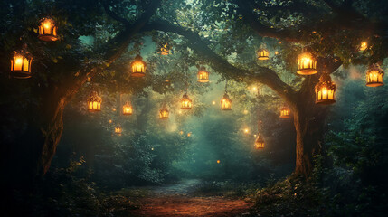 Naklejka premium Dark Enchanted Forest with Glowing Lanterns, Halloween Scene 