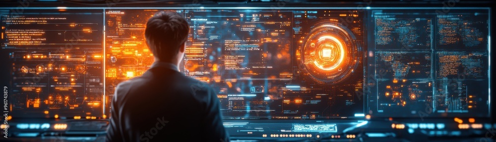 Poster man analyzing virtual data on a futuristic digital interface, illuminated by orange and blue hologra