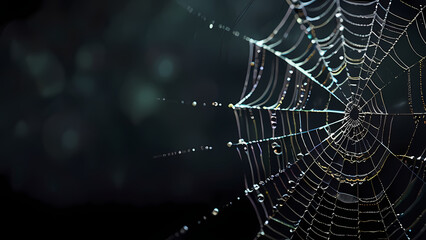 abstract background of an intricate spider web with delicate, shimmering silver threads against a dark, misty backdrop