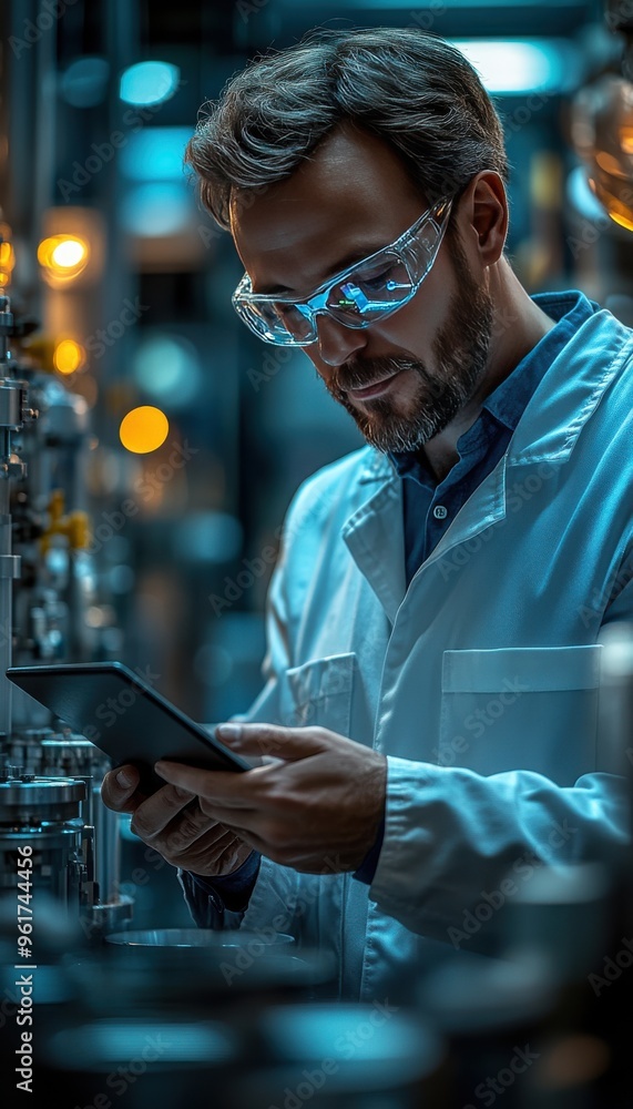 Poster scientist in a laboratory setting analyzing data on a tablet while surrounded by high-tech equipment