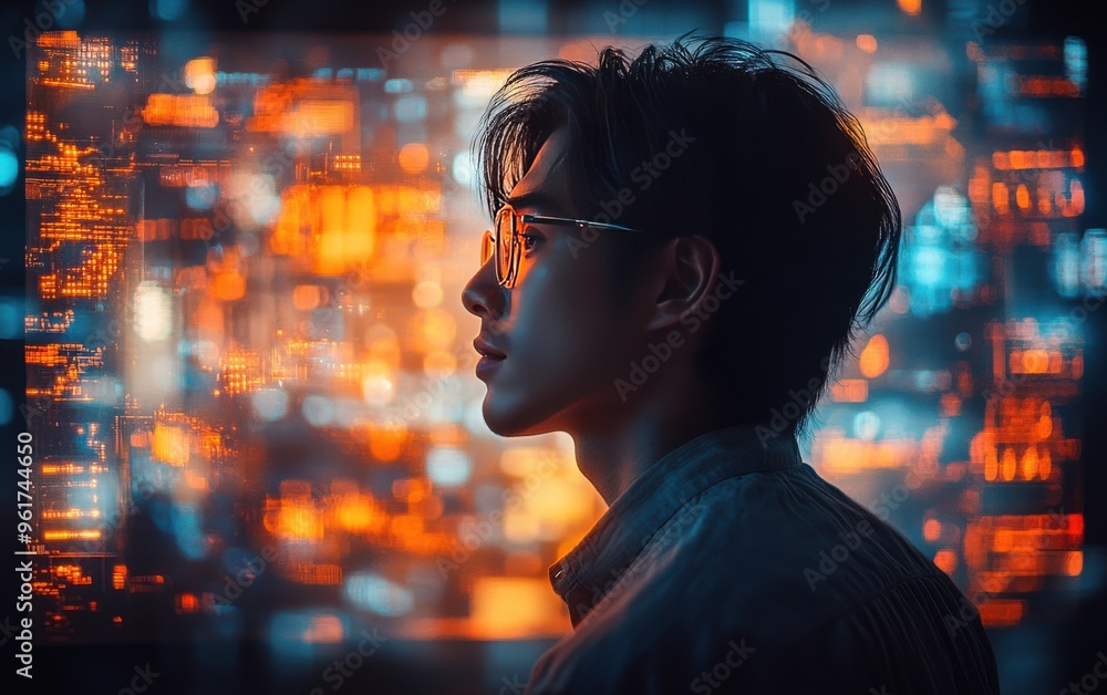 Aufkleber profile view of a person in front of a futuristic digital interface with glowing blue and orange ele