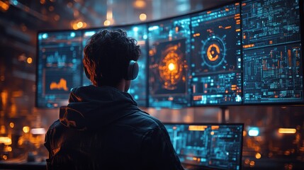 Person in dark room monitoring multiple screens with data visualizations and cyber security graphics, highlighting technology and analysis.