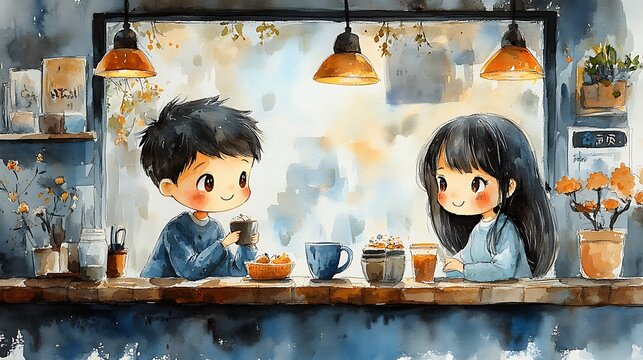 Watercolor illustration of a couple having coffee together in a cafe.