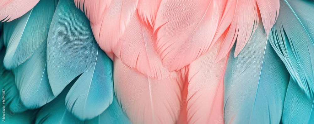 Poster close-up of beautiful pastel-colored feathers in soft pink and blue hues displaying delicate texture