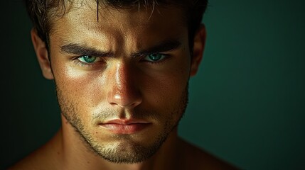 Fototapeta premium 18. Handsome young man with an intense gaze, his face partially in shadow, set against a dark green background, conveying a sense of strength and mystery