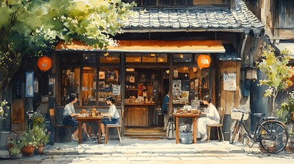 Watercolor Painting of a Traditional Japanese Street Scene with People Sitting at Tables Outside a Shop.
