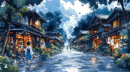 Obraz premium A Tranquil Evening Stroll Through a Japanese Village.