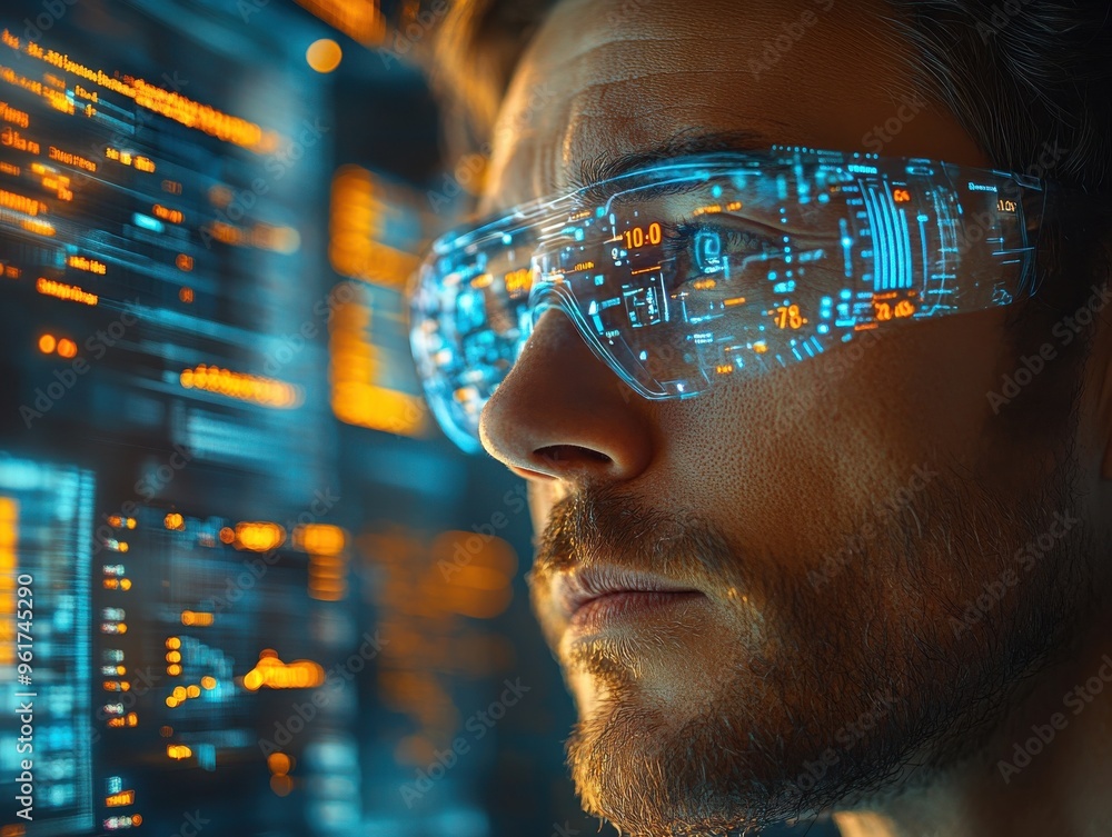 Aufkleber a man wearing futuristic augmented reality glasses, interacting with digital interface displaying da
