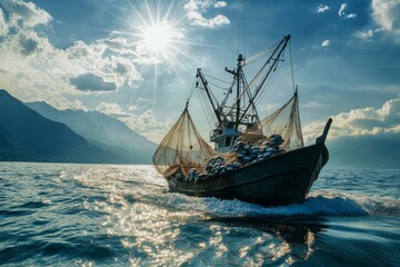 Obraz premium fishing boat in net fish catch