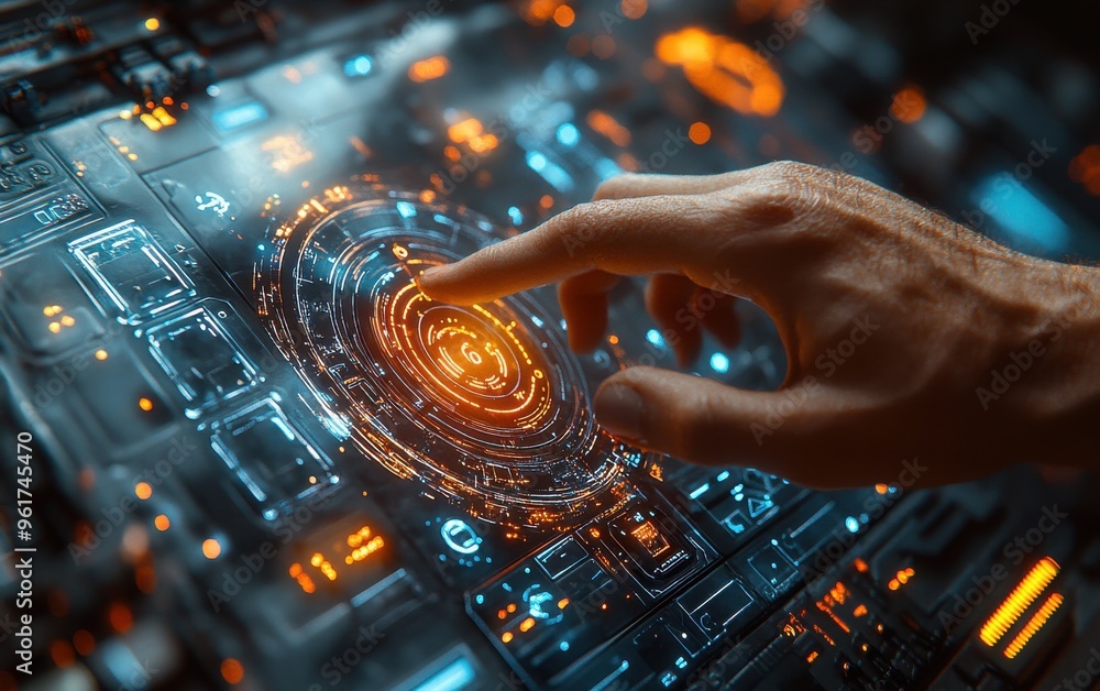 Poster futuristic touchscreen interface with a hand interacting with a glowing digital display, representin