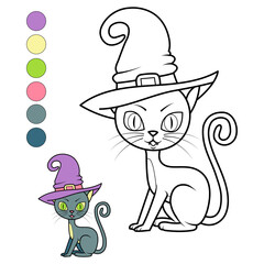 coloring cat in a witch's hat