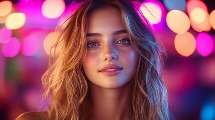 Fototapeta premium A young woman with flowing hair poses against a backdrop of colorful lights at a lively event in the evening