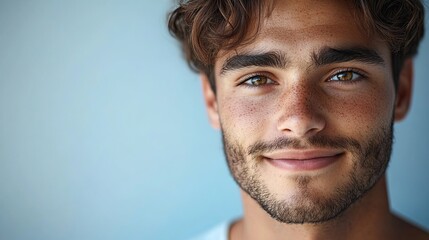 Fototapeta premium 10. Handsome young man with a soft smile, looking directly into the camera, his face illuminated by gentle light, set against a light blue background, creating a feeling of tranquility and trust