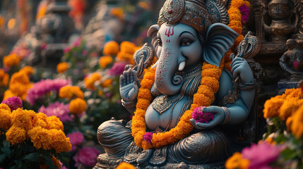 A vibrant flower garlands, marigolds, and rangoli designs surrounding Lord Ganesha statue.