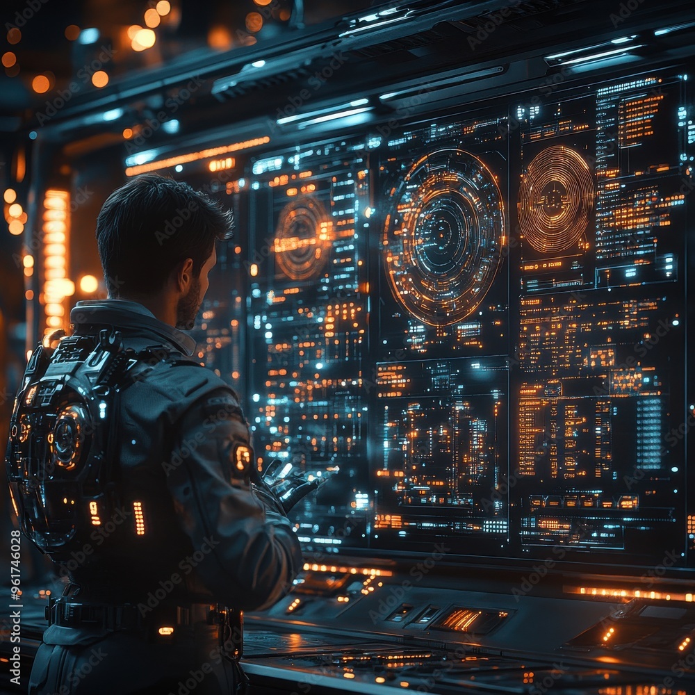 Poster man in futuristic suit operating advanced holographic interface in a high-tech control room filled w
