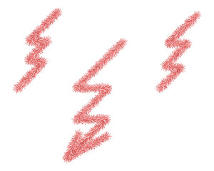 Lightning and arrow. Tinsel. Three red, shaggy lines are curved in a zigzag shape. Color vector illustration. Electric current. Isolated white background. Idea for web design.