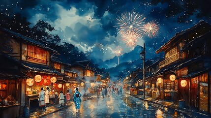 Naklejka premium Festive Night in a Japanese Street.