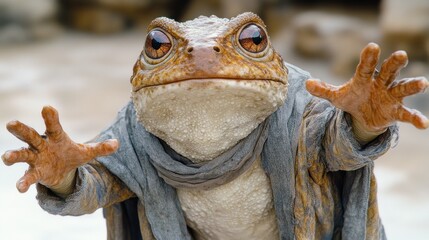 A curious toad dressed in a robe extends its hands, exploring an enchanting setting