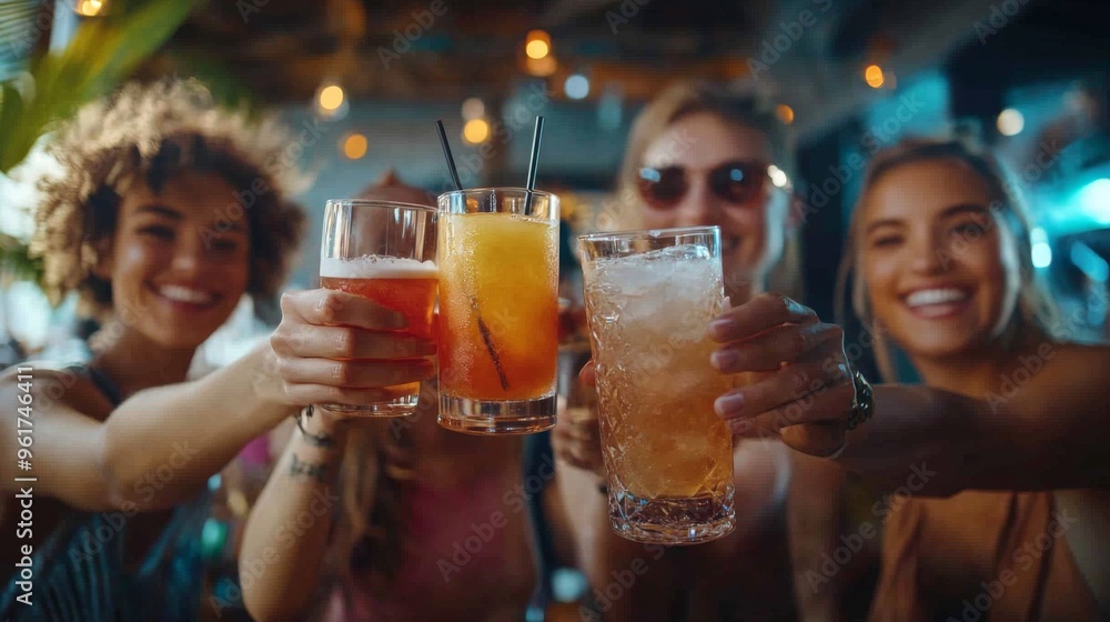 Wall mural friends celebrating with drinks