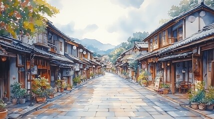 Fototapeta premium Watercolor Illustration of a Traditional Japanese Street with Shops and Lanterns.