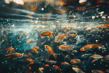 The colorful underwater world of small fish and jellyfish