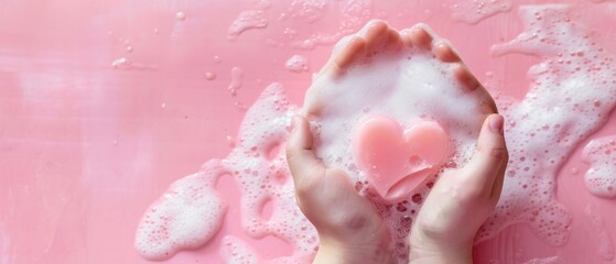 Fototapeta premium Hands hold pink heart soap in suds on a pink background, creating a serene, clean, caring vibe. Emphasizes hygiene and peacefulness. Vintage aesthetic.