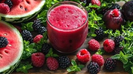 A colorful smoothie of fresh watermelon and mixed berries sits among fruits