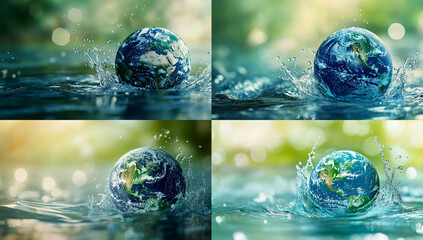 The planet Earth is floating in the water, a macro photography technique creating a bokeh effect...