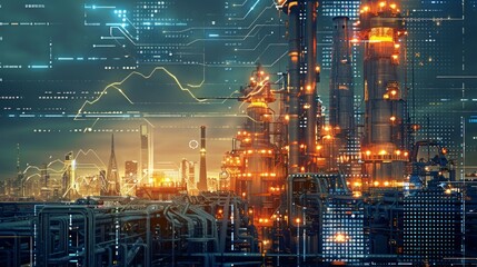 City skyline at night with a vibrant, futuristic look. Oil refinery with red and yellow pipelines standing out. Advanced technology hinted by digital interface element.