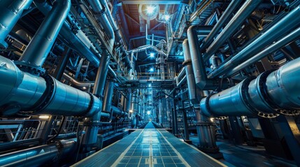 Industrial factory scene at night: central walkway, blue pipes, bridges overhead, empty. Stark, spacious ambiance accentuated by bright lighting and lack of people.