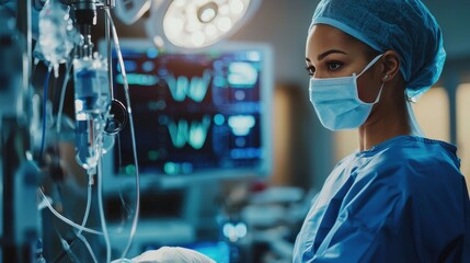 Nurse carefully adjusting medical equipment while a patient recovers from surgery, ensuring a seamless blend of technology and personal care