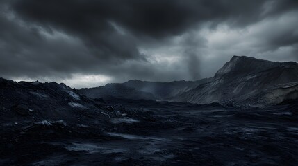 A coal-streaked landscape, with dark clouds and the feeling of heavy weight looming over the scene 