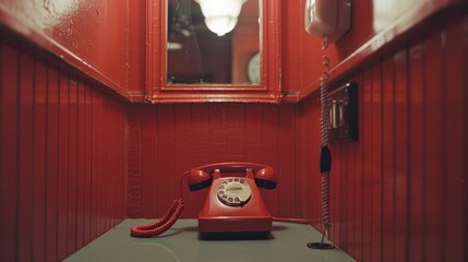 In a cozy room with red wooden walls, a vintage rotary phone and a mirror create a nostalgic setting, evoking a bygone era of communication.