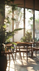 A cozy cafe with sunlight streaming through glass windows, wooden furniture, and potted plants creates a peaceful and inviting atmosphere for relaxation.