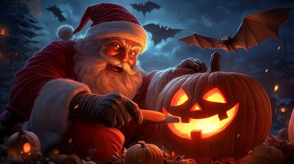 Santa Claus carves a spooky pumpkin under a night sky, blending Halloween with Christmas spirit in a whimsical way.