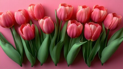Fototapeta premium Vibrant pink tulips bloom against a soft pink background, radiating charm
