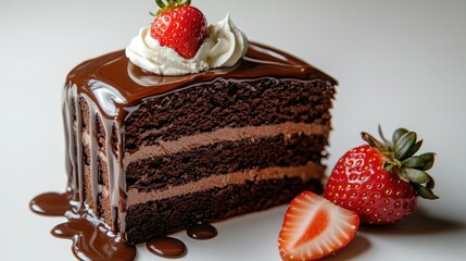 A rich slice of chocolate cake drizzled with chocolate and garnished with strawberries