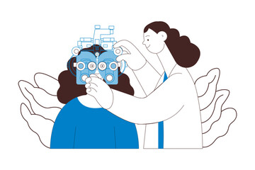 Optometry. Eye Test and Prescription Glasses. Medical Specialist and Patient Perform Eye Test with Manual Vision Tester on Abstract Background. Black and White Modern Flat Vector Illustration.