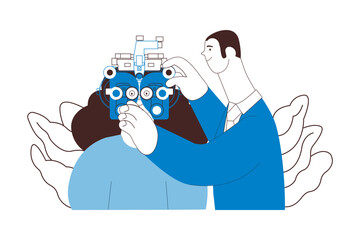 Optometry. Eye Test and Prescription Glasses. Medical Specialist and Patient Perform Eye Test with Manual Vision Tester on Abstract Background. Black and White Modern Flat Vector Illustration.
